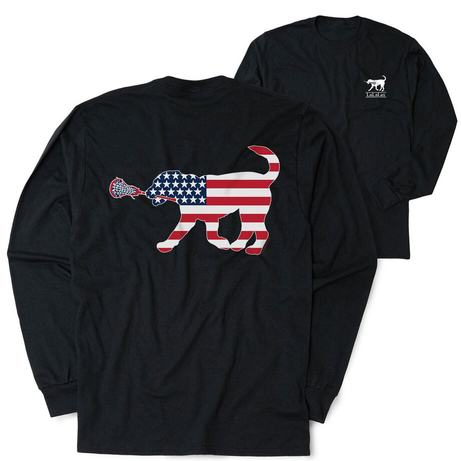 Girls Lacrosse Tshirt Long Sleeve - Patriotic Lula The Lax Dog (Back Design)