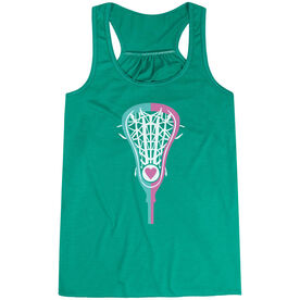 Girls Lacrosse Flowy Racerback Tank Top - Lacrosse Stick Heart Pink Teal White