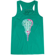 Girls Lacrosse Flowy Racerback Tank Top - Lacrosse Stick Heart Pink Teal White