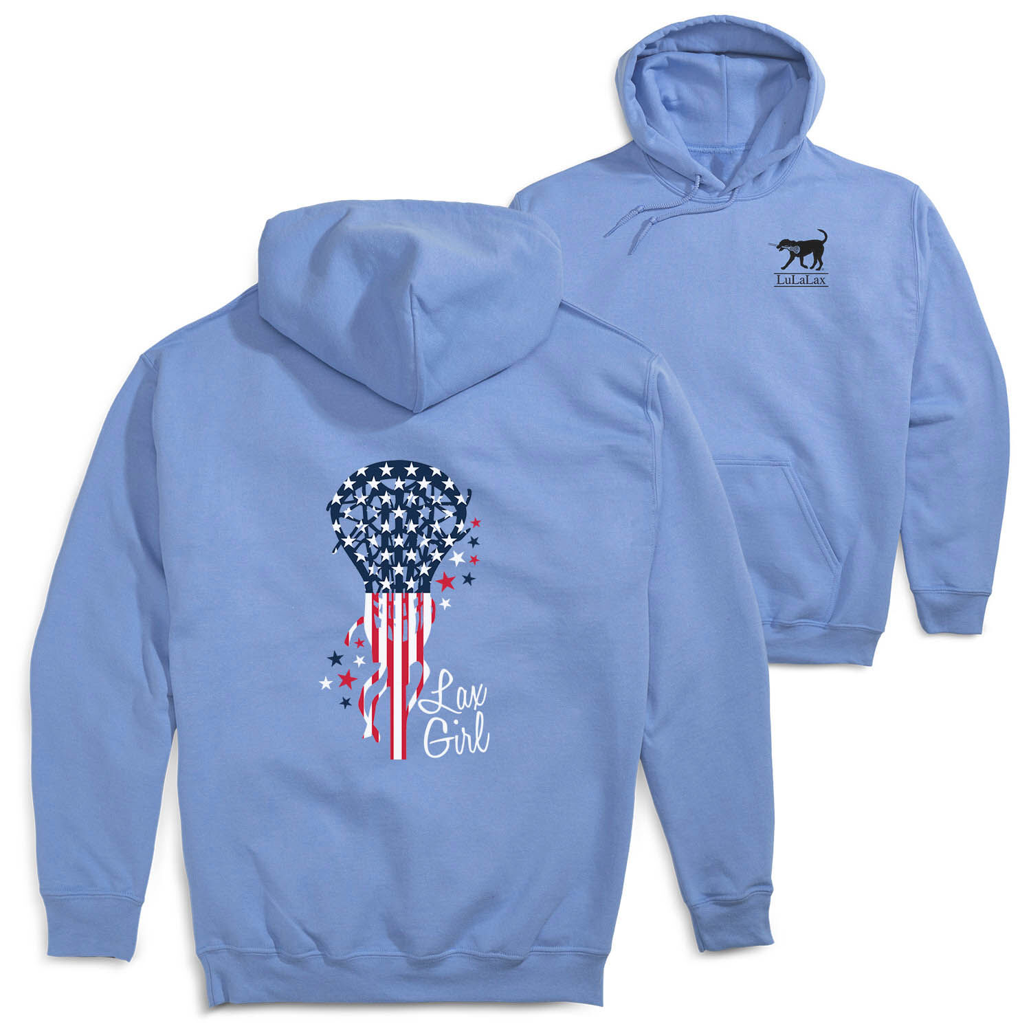 Girls Lacrosse Hooded Sweatshirt Patriotic Lax Girl Back Design