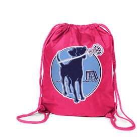 Girls Lacrosse Drawstring Backpack - Watercolor Lacrosse Dog With Girl Stick