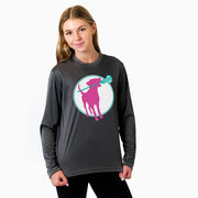 Girls Lacrosse Long Sleeve Performance Tee - Lacrosse Dog with Girl Stick