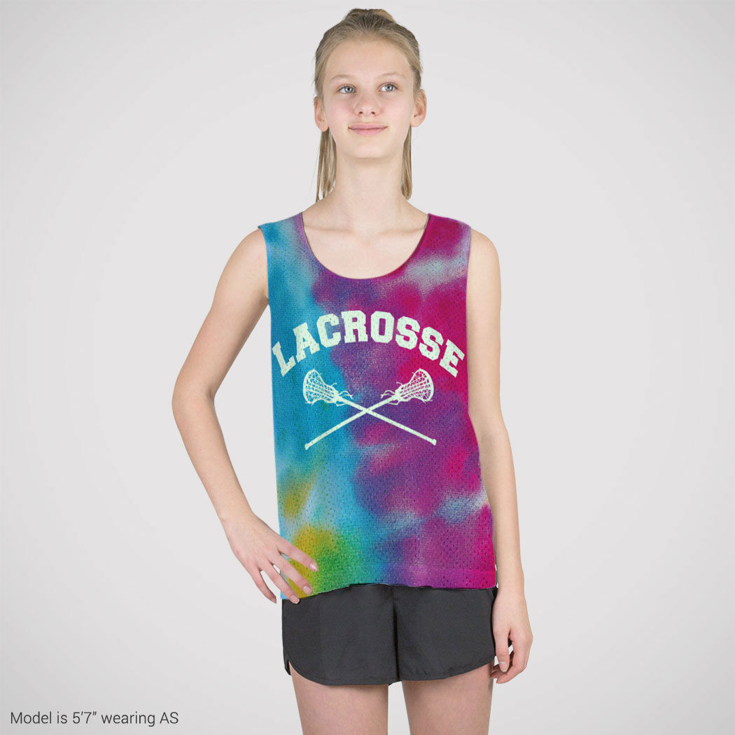 Girls Lacrosse Racerback Pinnie Tie Dye Pattern with Lacrosse Sticks
