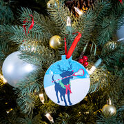 Girls Lacrosse Round Ceramic Ornament - Jingles the Lax Reindeer Dog