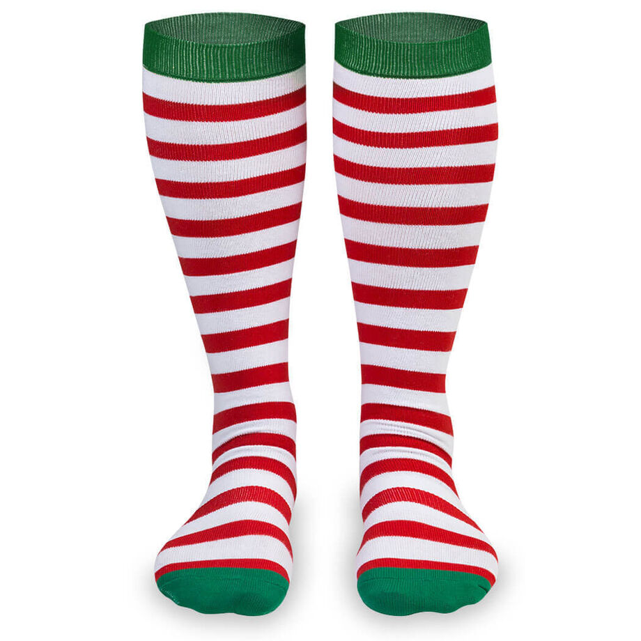 Woven Yakety Yak! Knee High Socks - Running Christmas Elf (Red & White Stripes/Green)