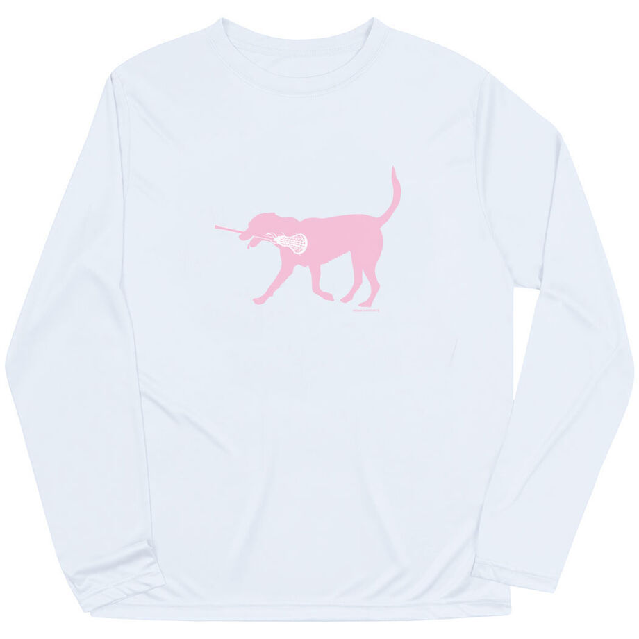 Girls Lacrosse Long Sleeve Performance Tee - LuLa the Lax Dog(Pink) - Personalization Image