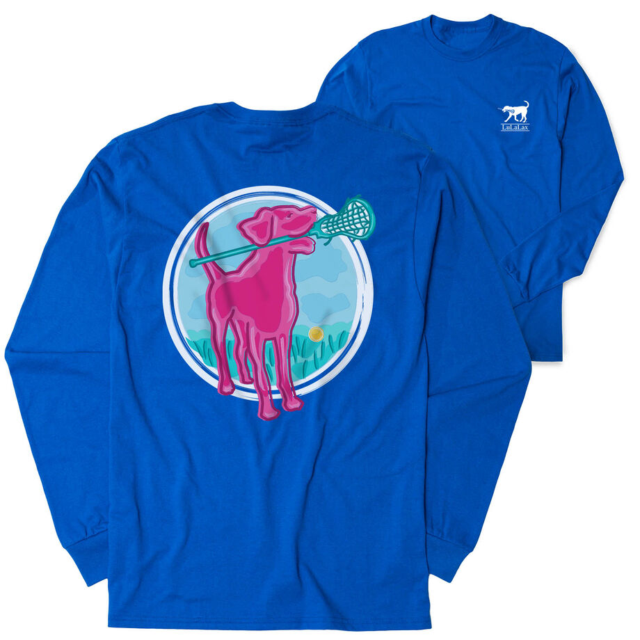Girls Lacrosse Tshirt Long Sleeve - Lacrosse Dog with Girl Stick (Back Design)