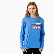 Girls Lacrosse Long Sleeve Performance Tee - Patriotic LuLa the Lax Dog