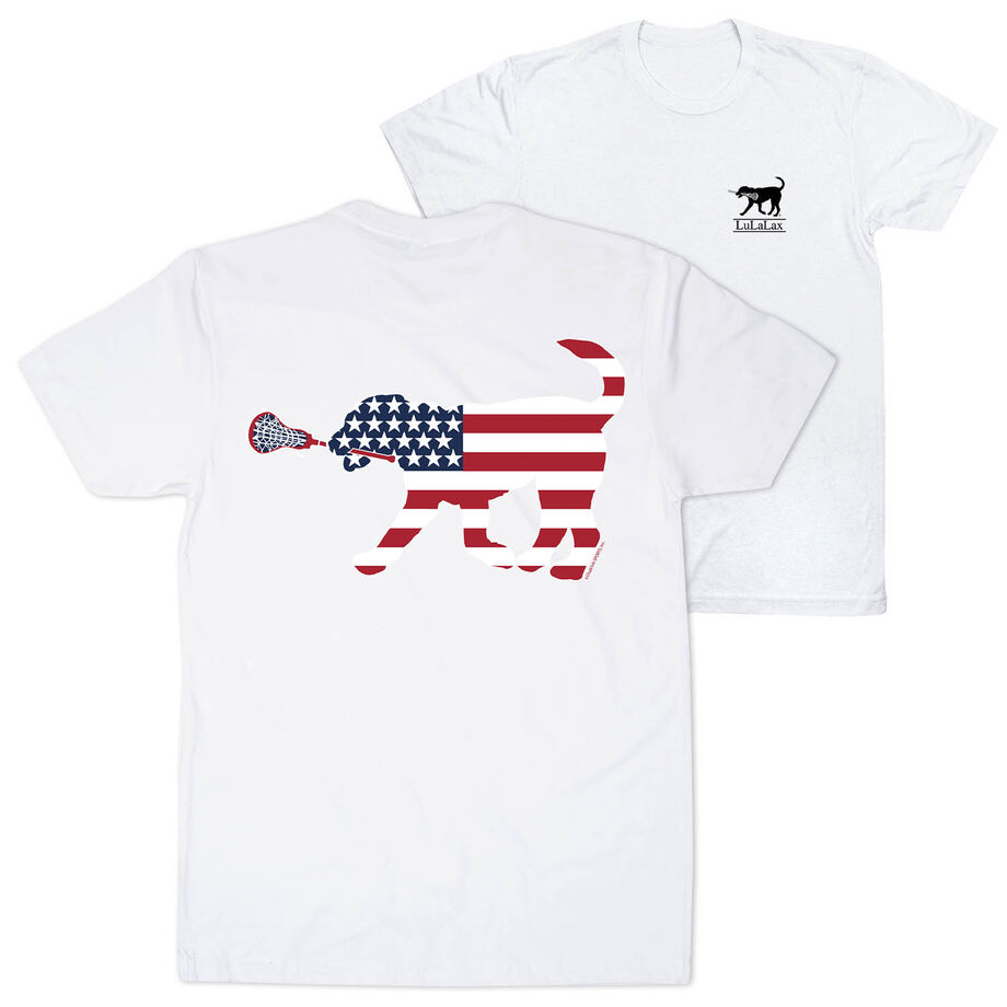 Girls Lacrosse Short Sleeve T-Shirt - Patriotic LuLa the Lax Dog (Back Design)