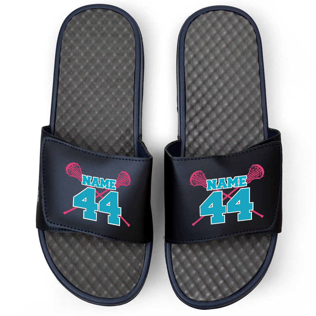 Navy Girls Lacrosse Slide Sandals - Crossed Sticks Navy Girls Lacrosse Slide Sandals - Crossed Sticks