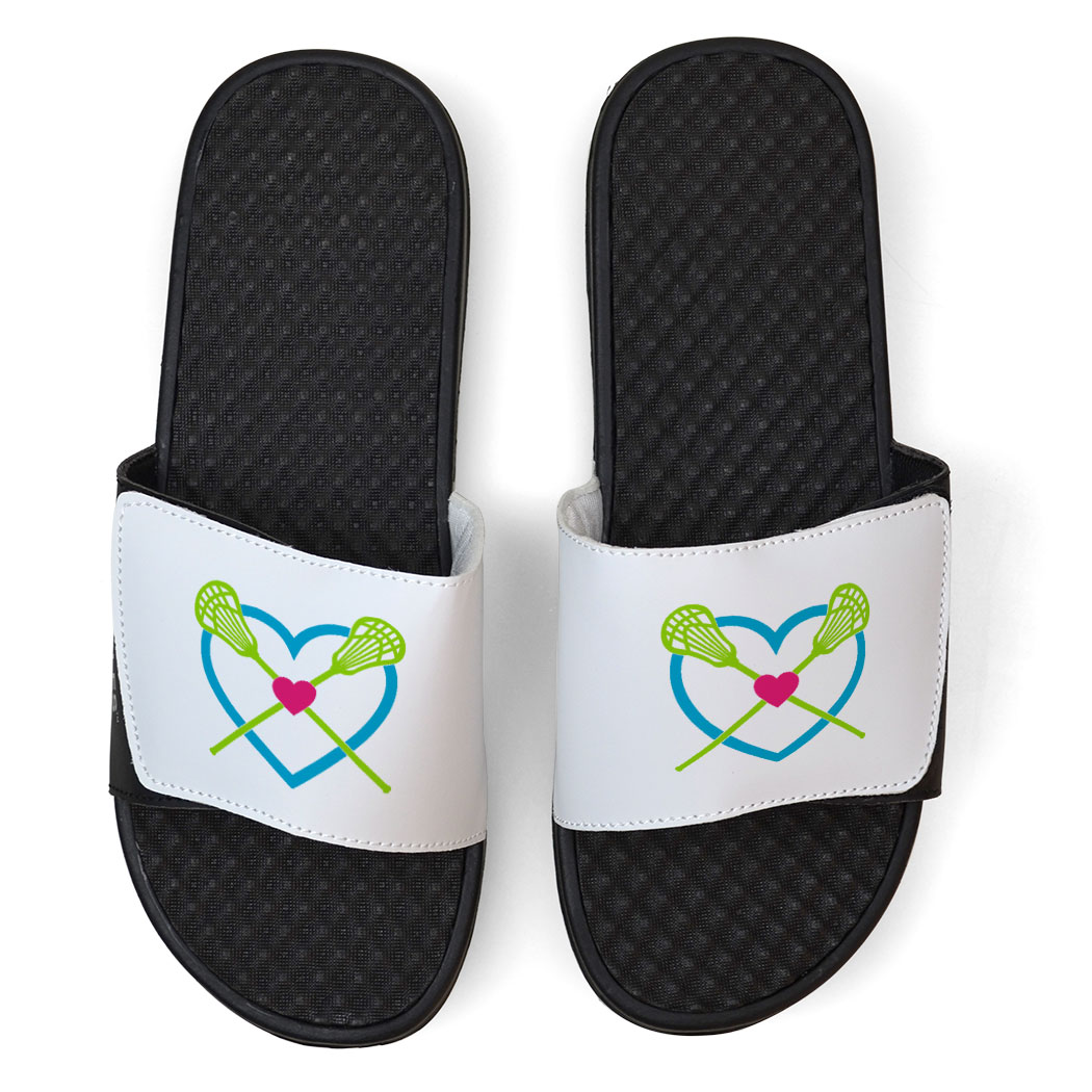 White Girls Lacrosse Slide Sandals - Crossed Sticks White Girls Lacrosse Slide Sandals - Crossed Sticks